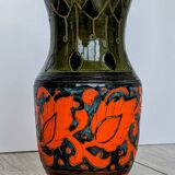 Sgraffito Scraffito enameled ceramic vase in green and orange colors - Year 1950
