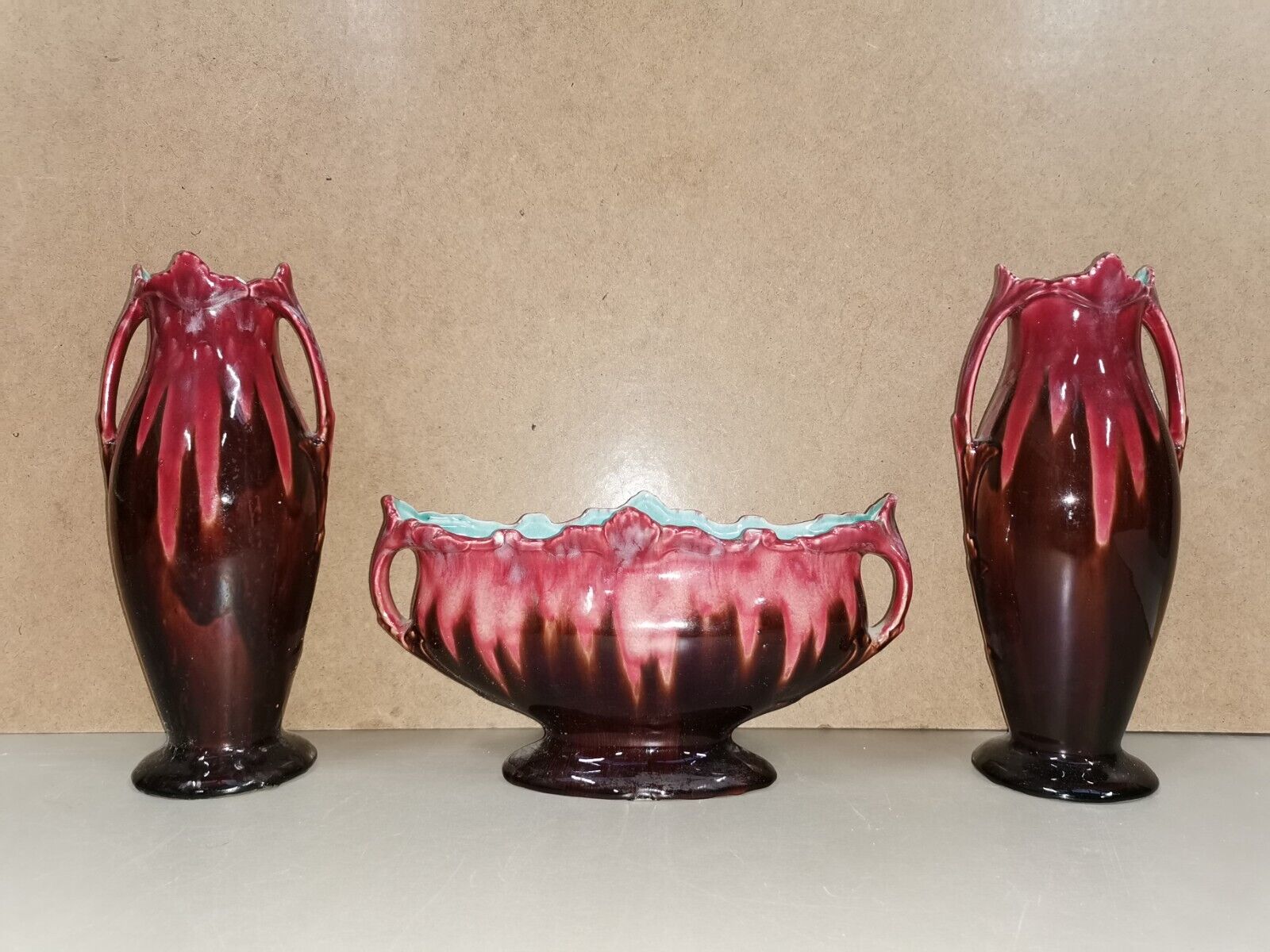 Paire de vase + jardinière art nouveau barbotine dl france garniture de cheminée