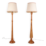 Pair of turned wooden floor lamps in Art Deco style, France, mid-20th century.