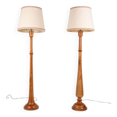 Pair of turned wooden floor lamps in Art Deco style, France, mid-20th century.