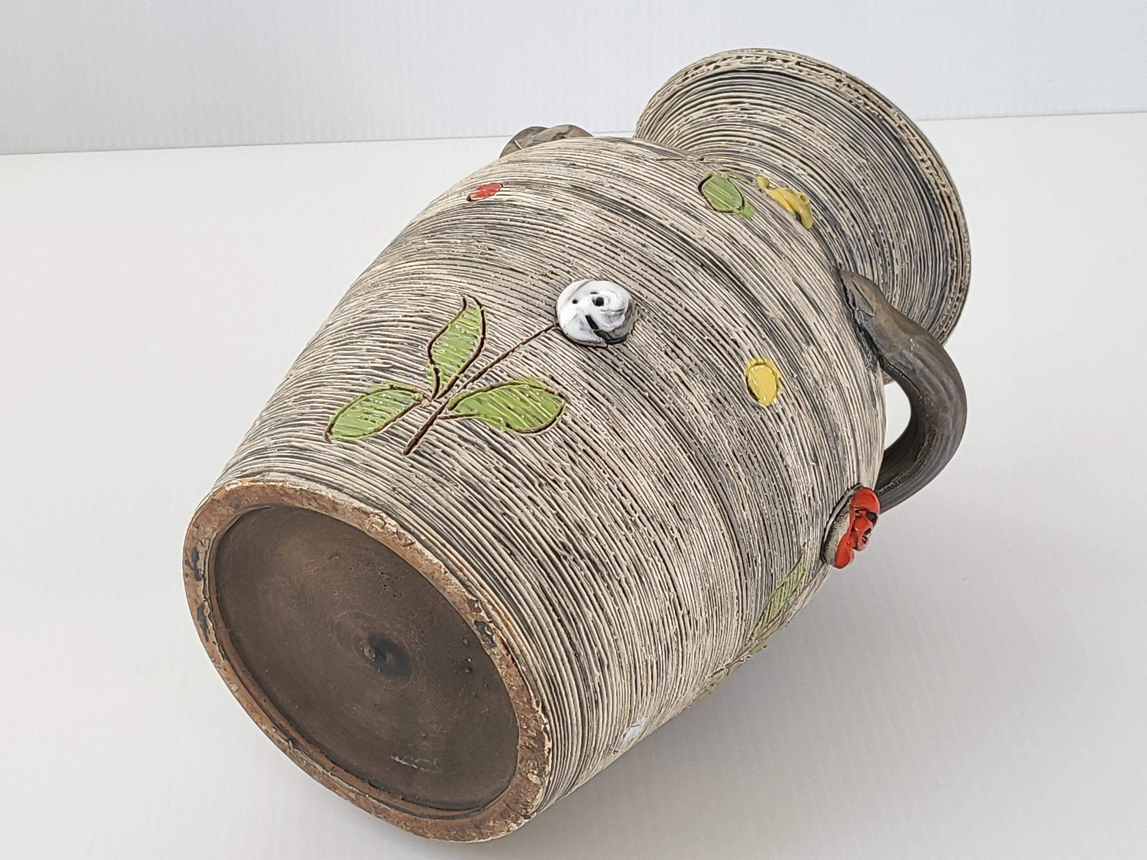 Vintage vase 1950 ceramic flowers relief