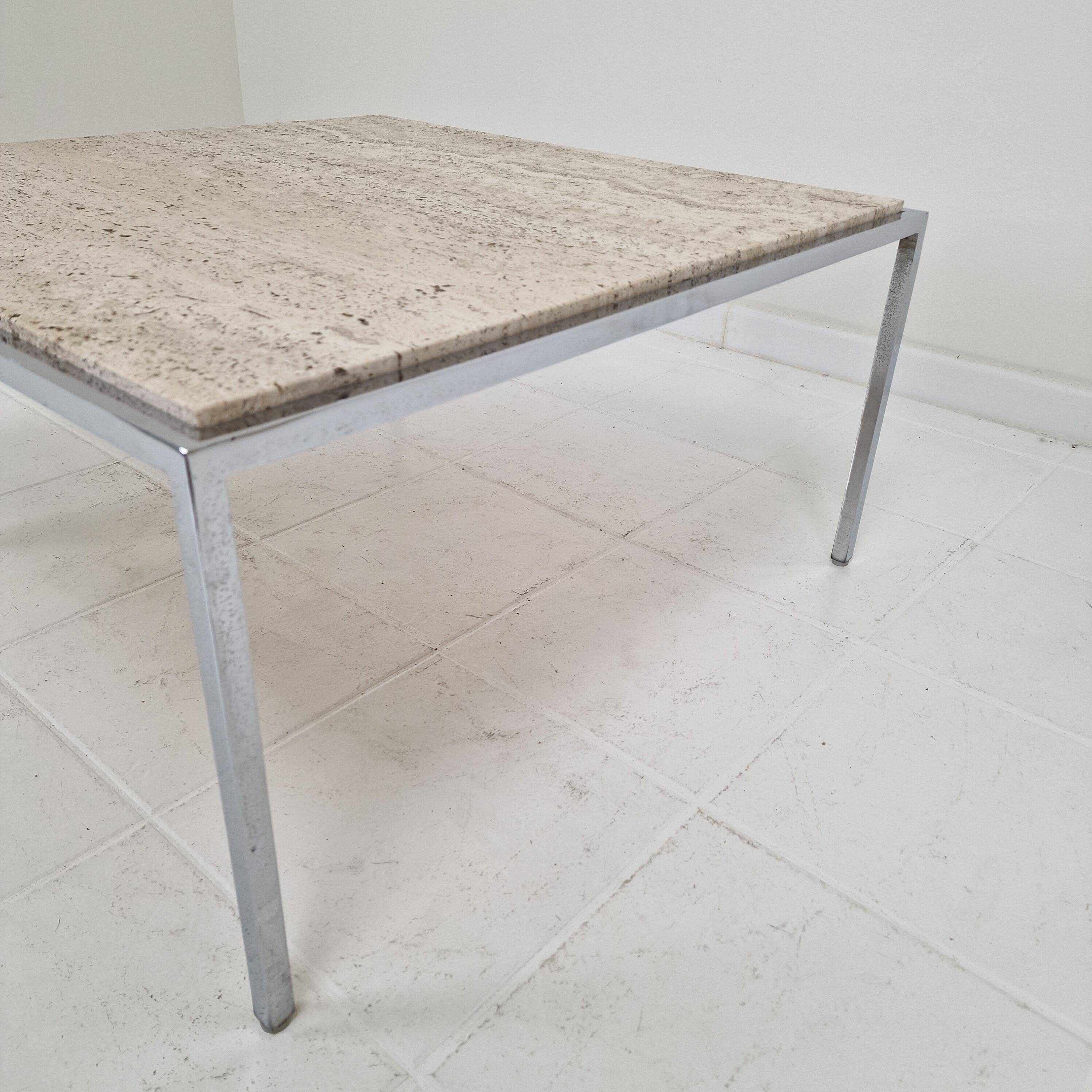 Italian Square Travertine Coffee Table with Steel Base, 1980's