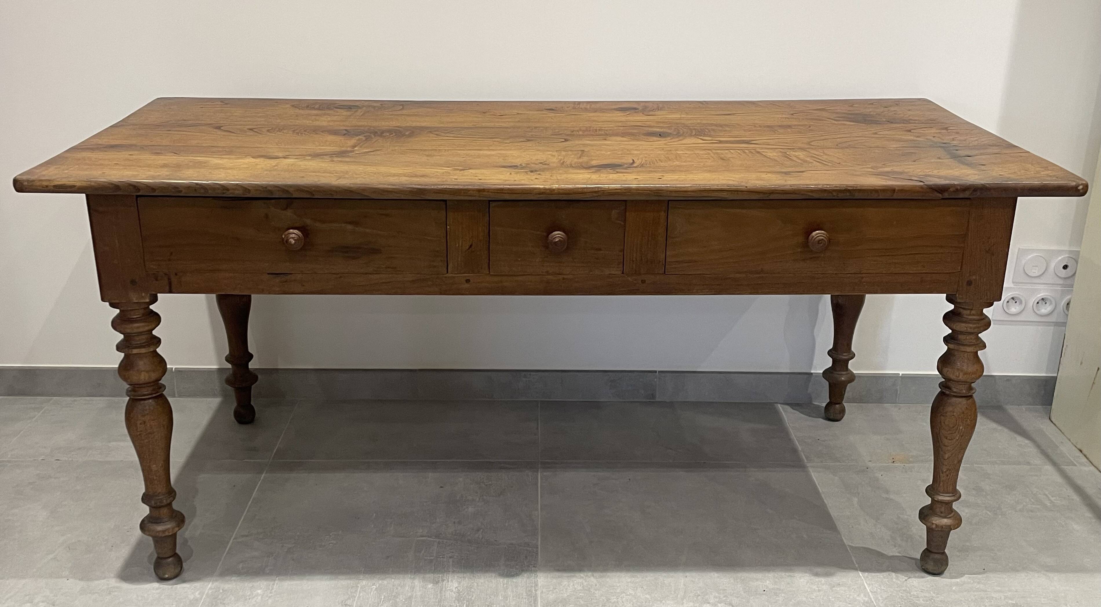 Antique natural wood farm table with 3 drawers