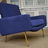 Pair of armchairs and ottoman vintage 1950 in blue velour and brass