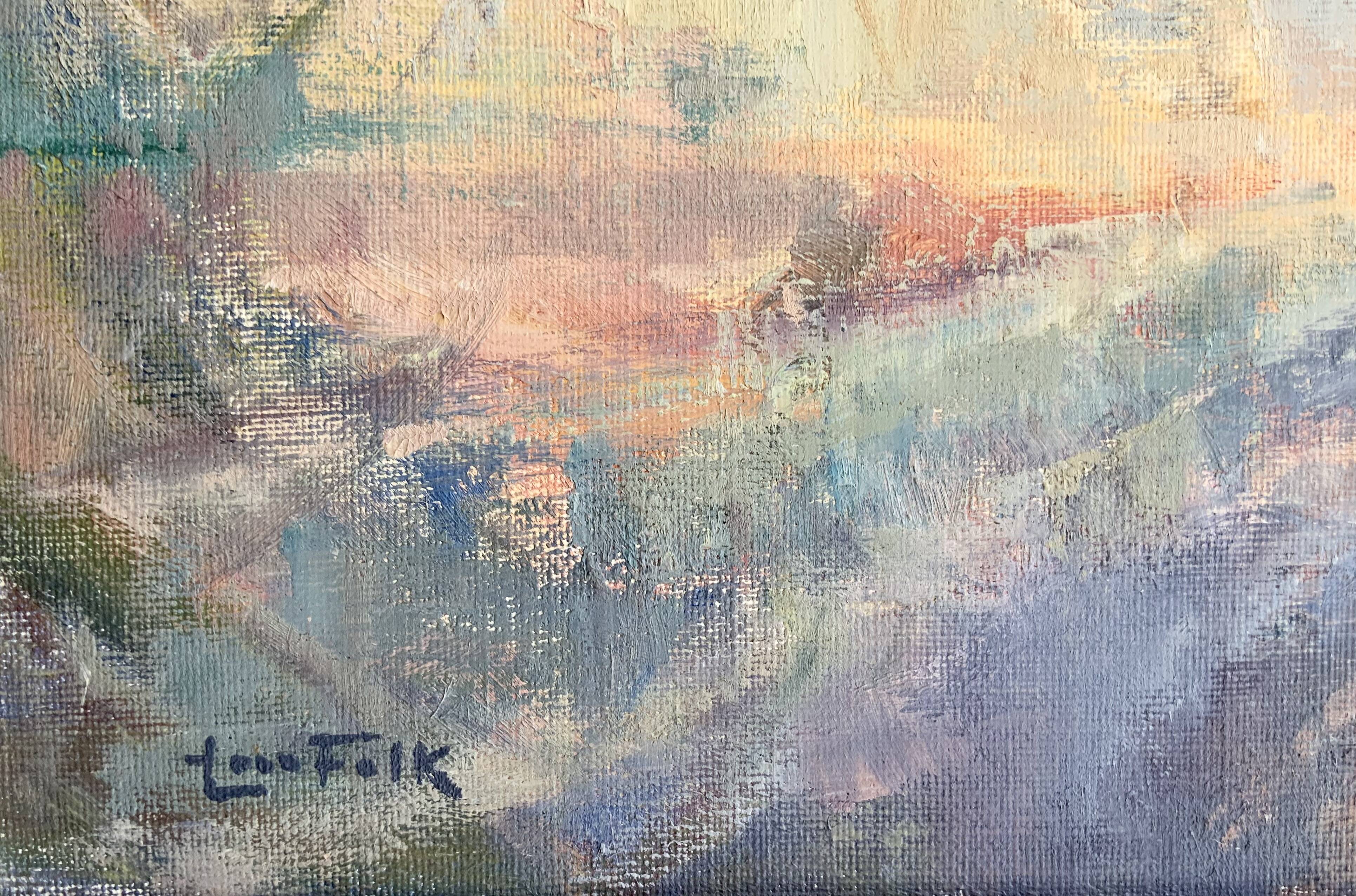 Vintage abstract landscape oil painting by Lars Falk, Sweden