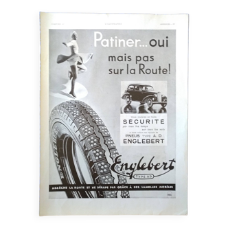 Une publicité papier issue d'une revue d'époque 1937 pneu englebert illustration patineuse