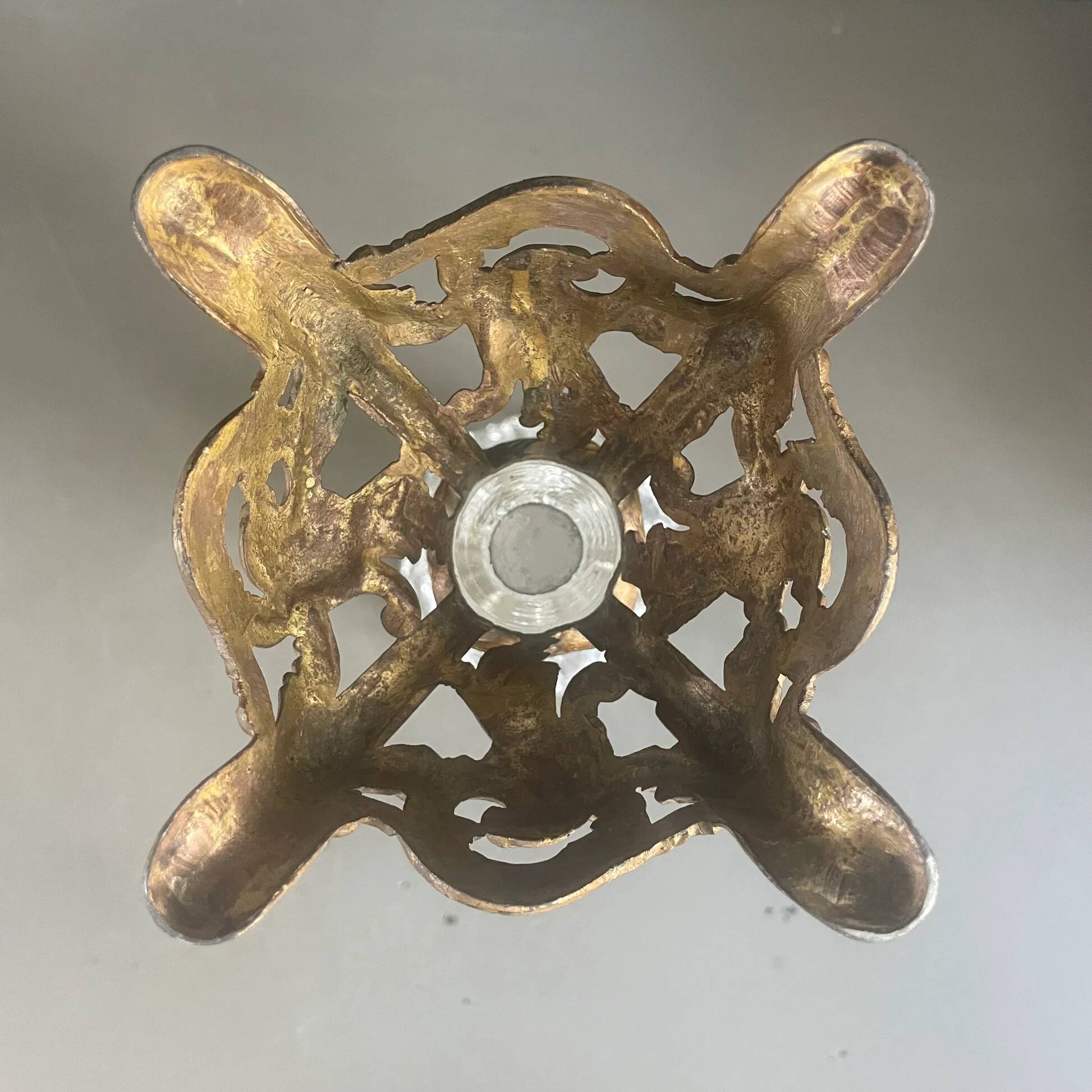 Pair of candlesticks in spelter and moulded glass