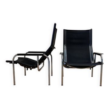 PAIR OF BLACK LEATHER AND CHROME ARMCHAIRS BY HANS EICHENBERGER 1960.