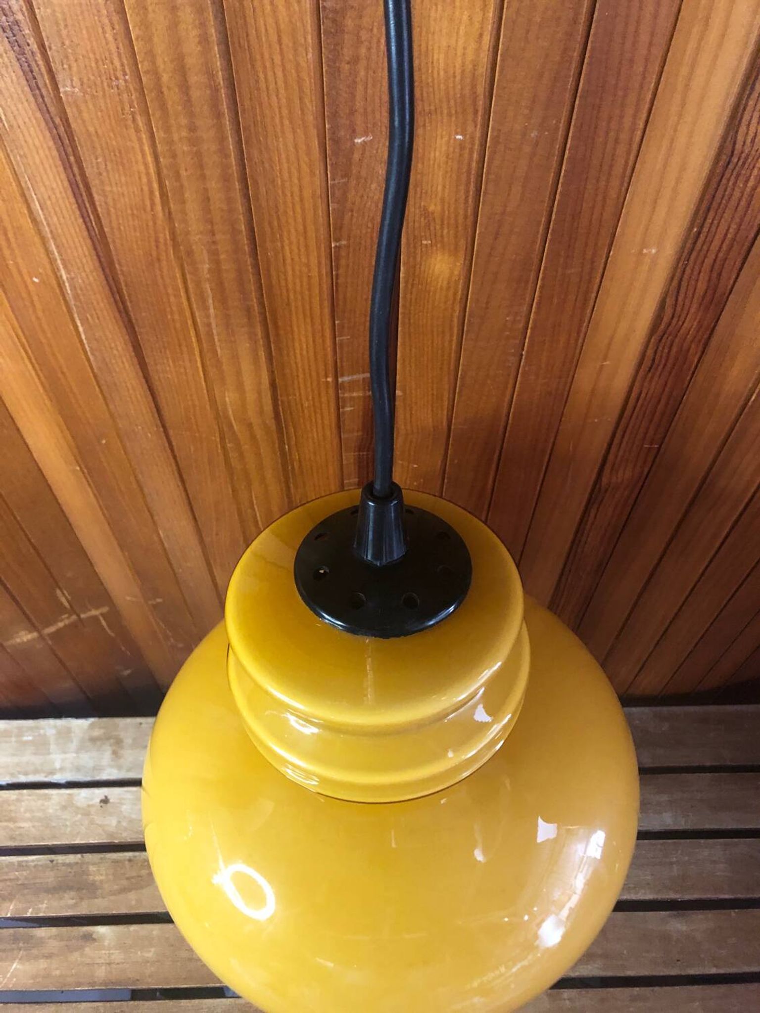 Old Yellow Opaline Pendant Light White Interior 1970s Vintage #A380