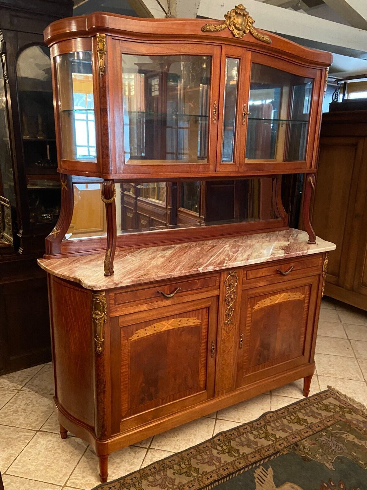Sideboard two body mirror top marble decoration inlaid bronze Louis XVI