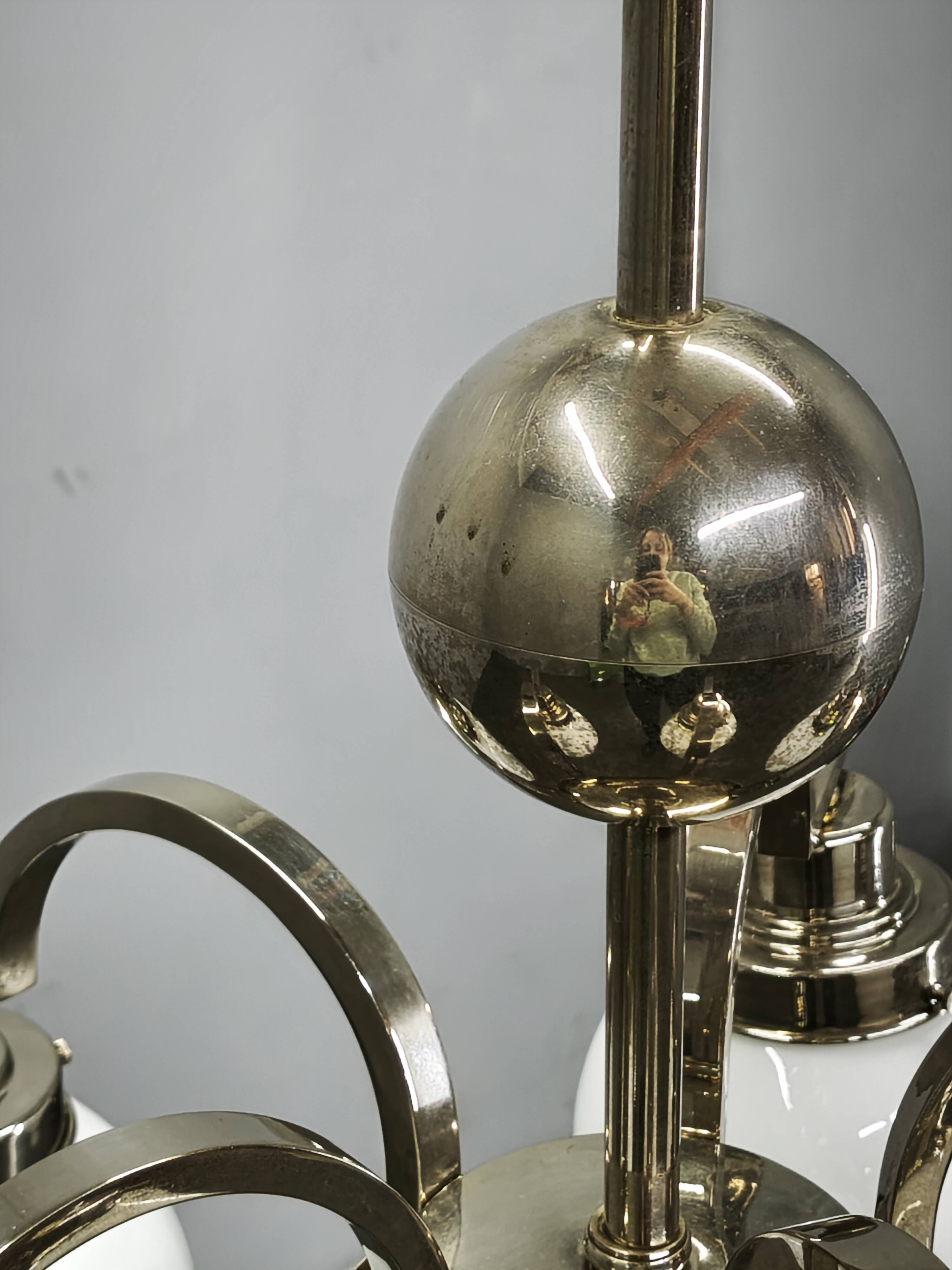 Art Deco Five-Light Chrome Chandelier, Czechoslovakia, 1930s