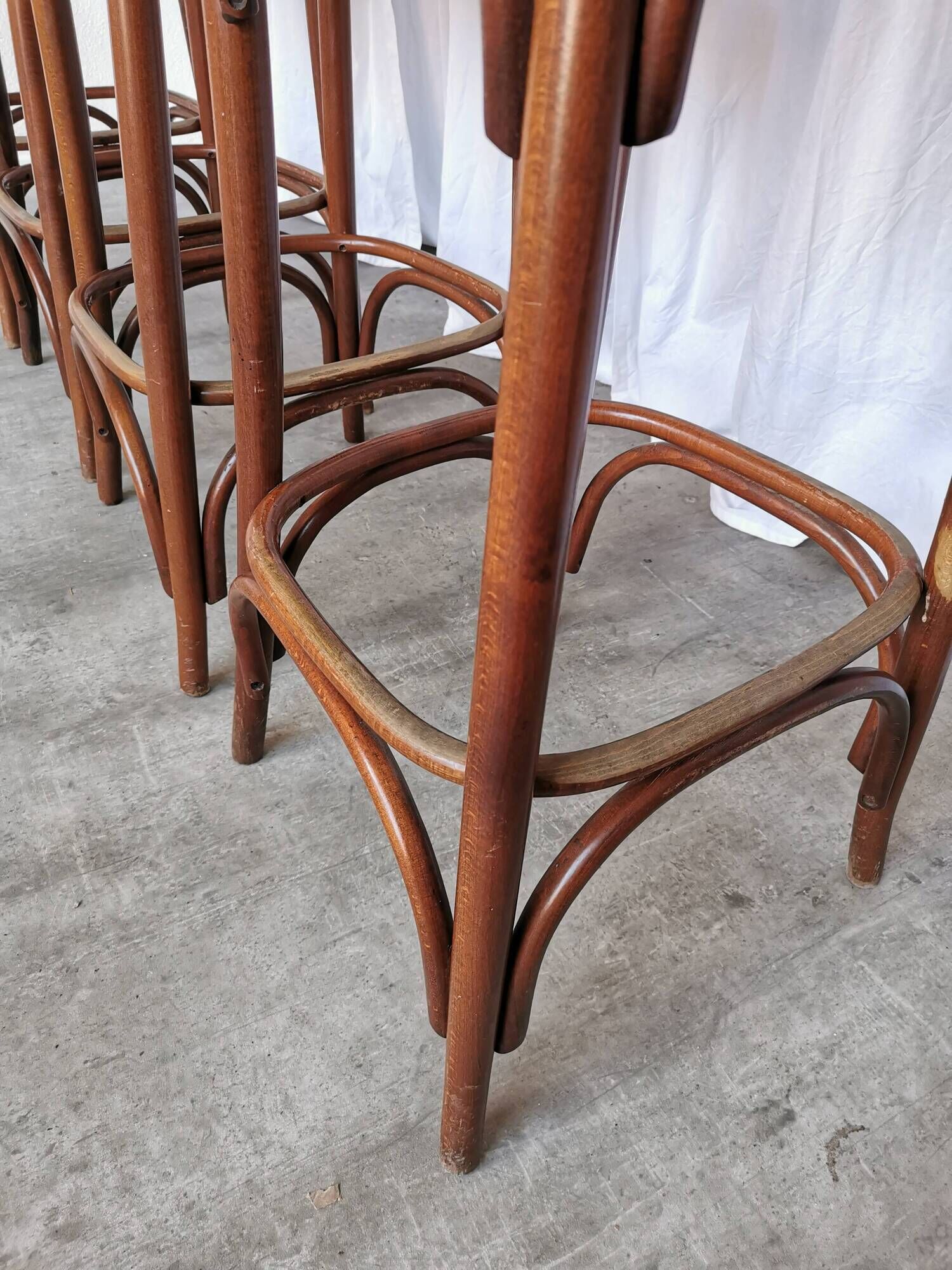 Set of 4 Vintage Bentwood Bar Stools, Brown Leather Seat, Nailhead Trim