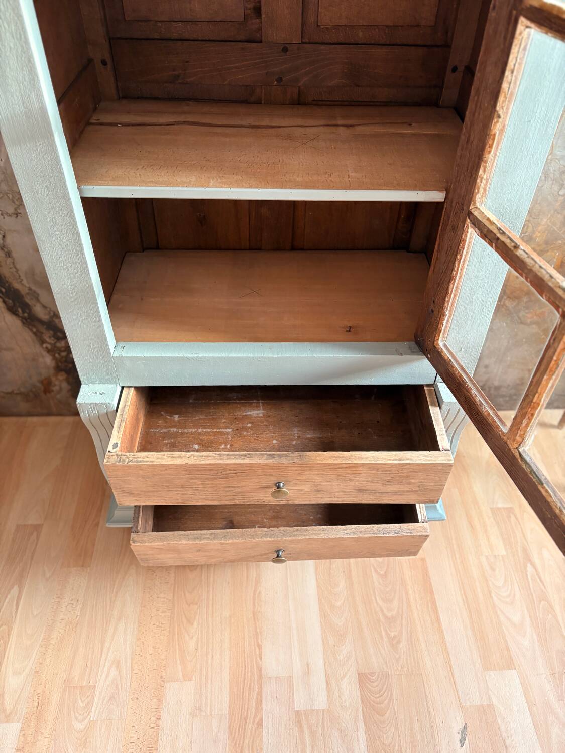 Raw wood and celadon glass cabinet