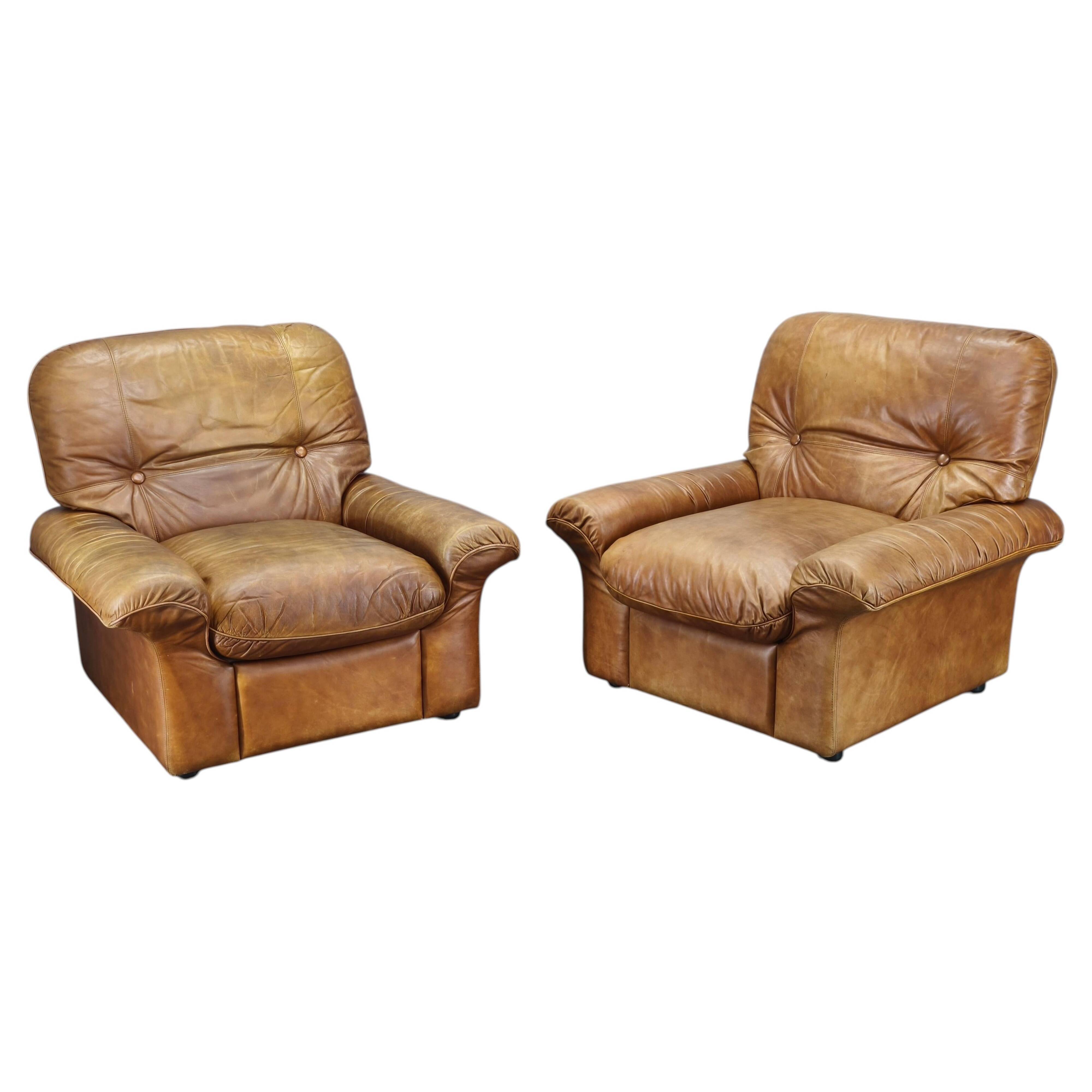 Pair of Arcon Italia Cognac Buffalo Leather Lounge Armchairs