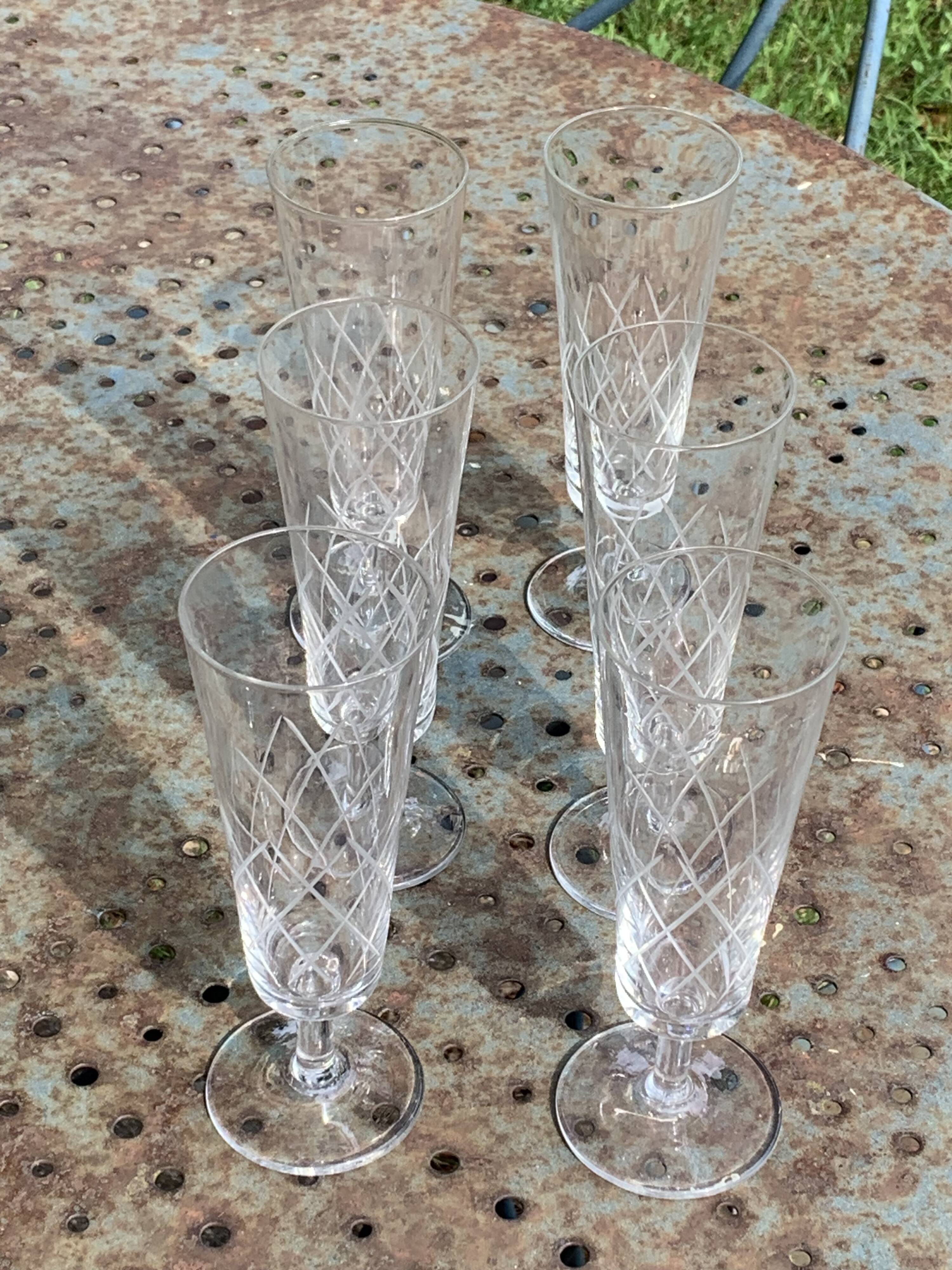 6 vintage clear chiseled crystal and glass champagne flutes