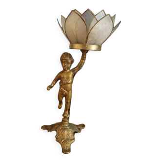 Bedside lamp Angel right flower lotus mother-of-pearl base patinated brass