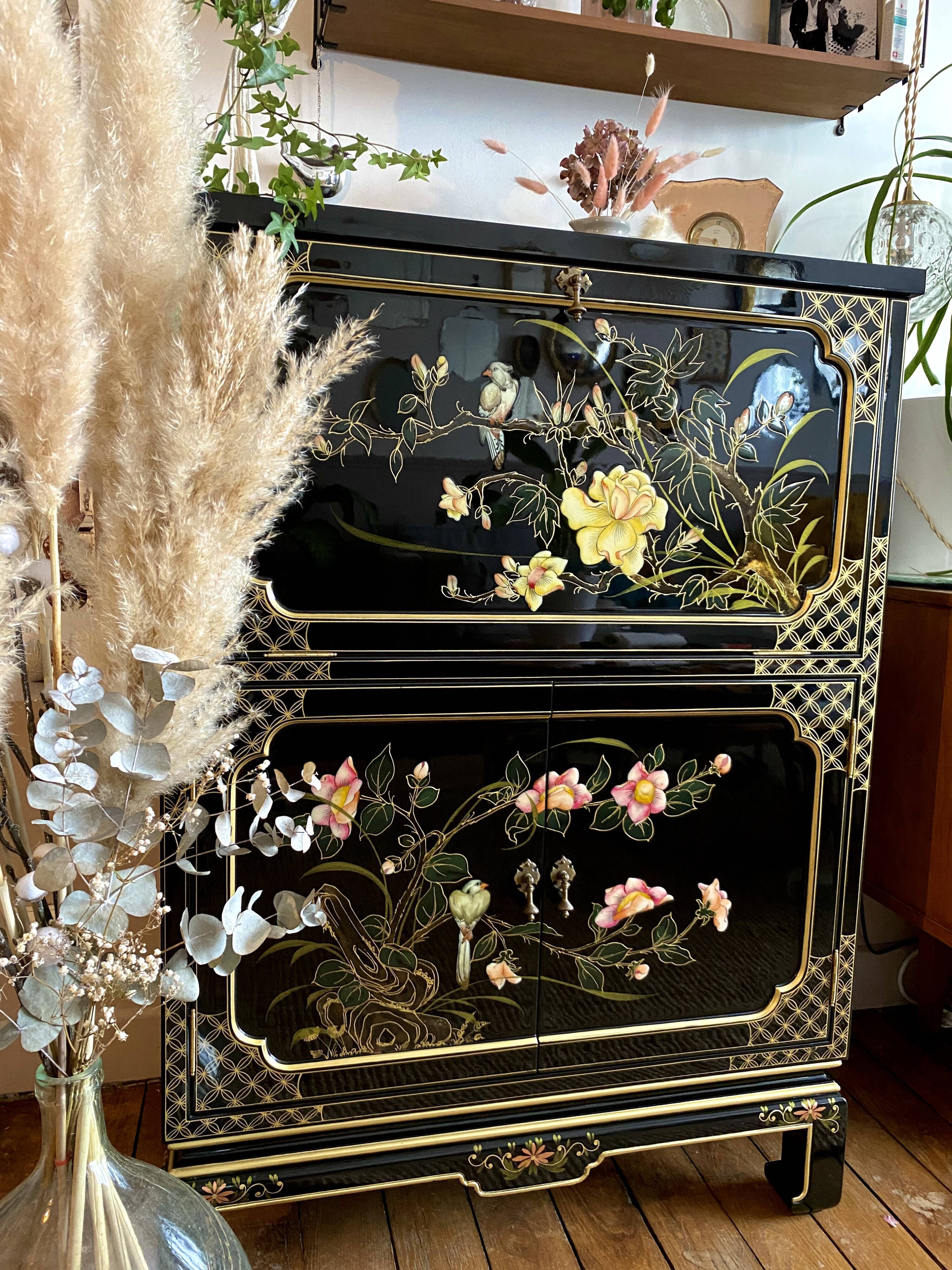 Chinese secretarial cabinet lacquered black Asian