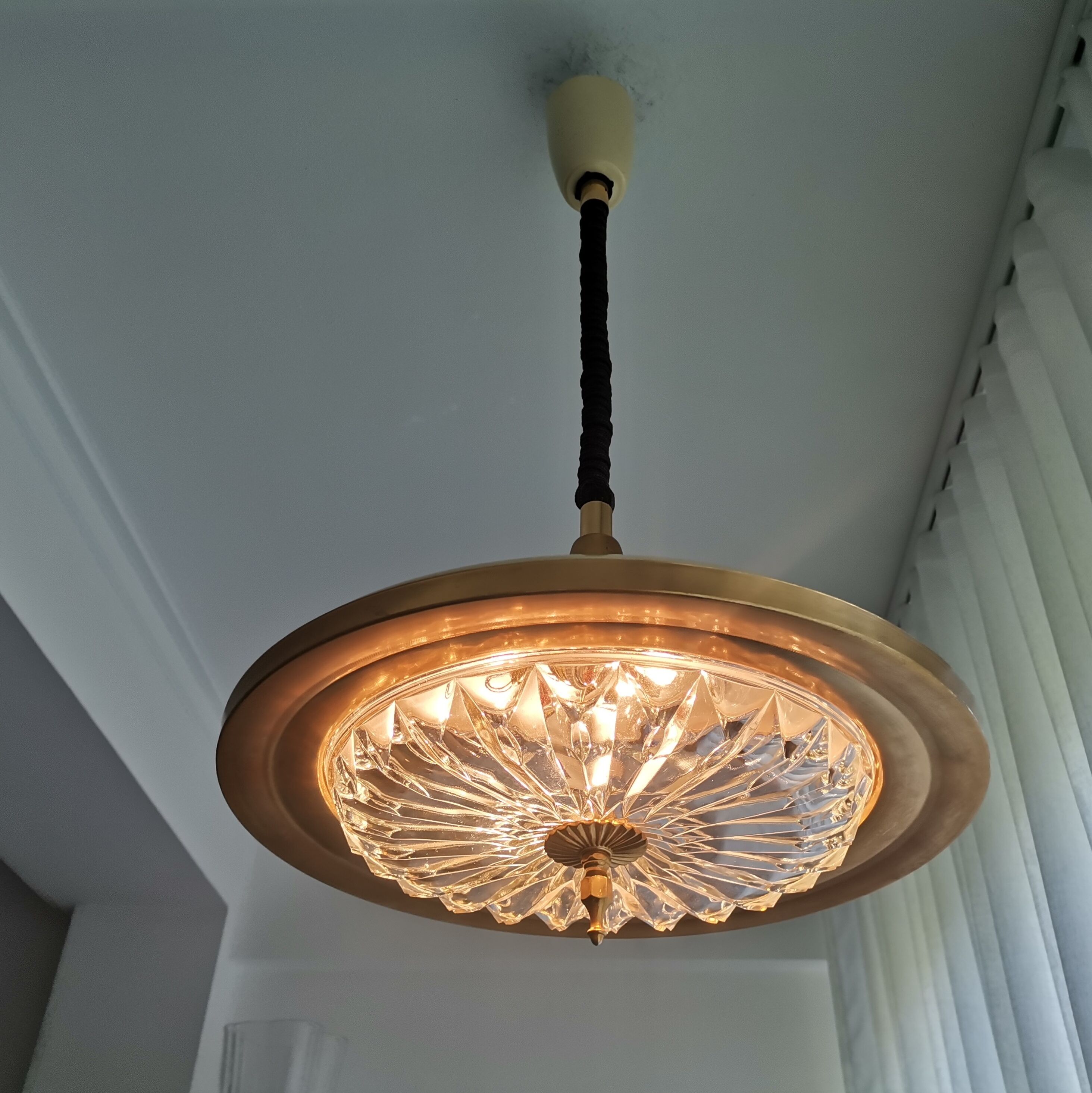 1960s mid century cream metal and crystal pull down large hanging lamp