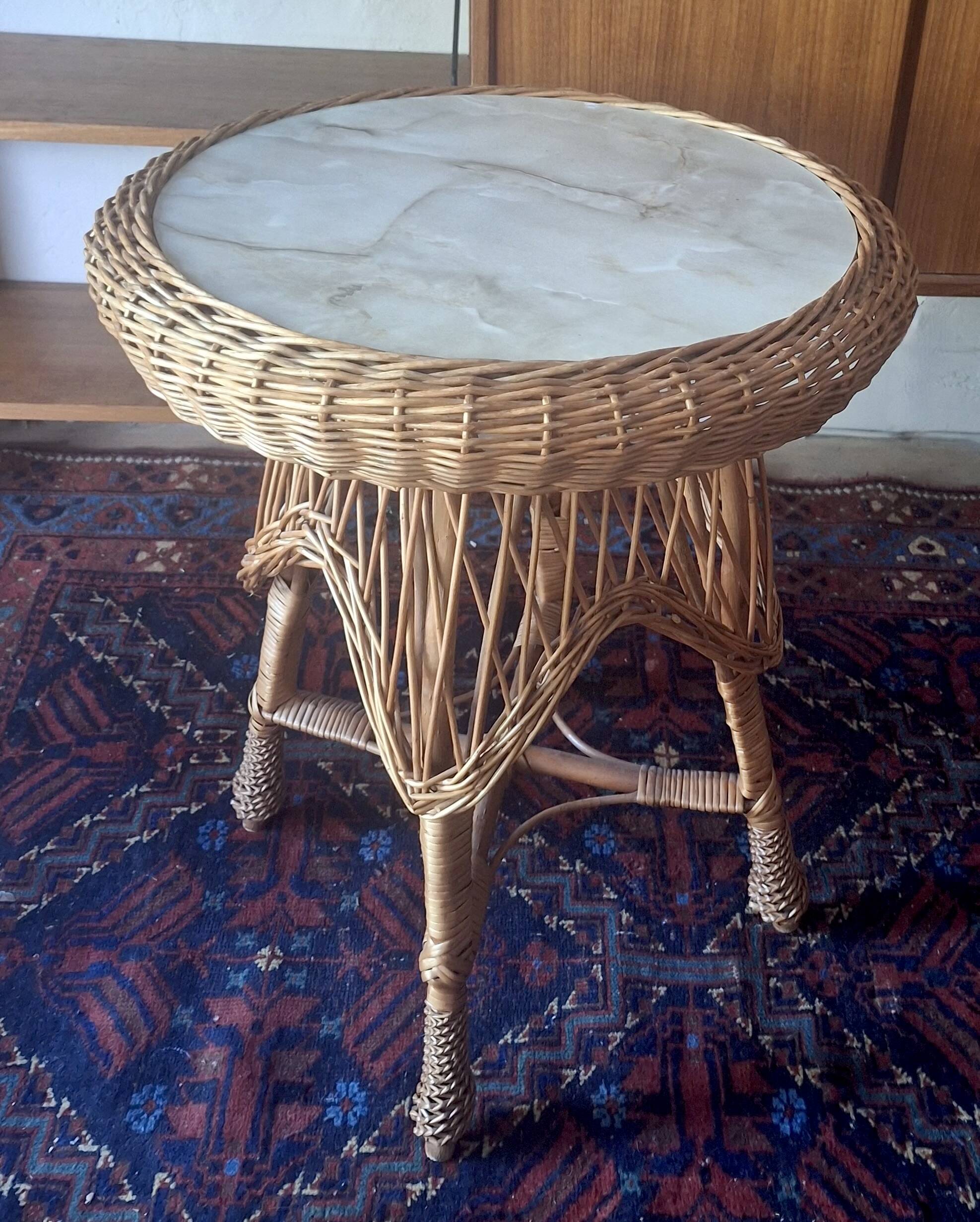 Circular bamboo and faux marble wine or coffee table, 1960s