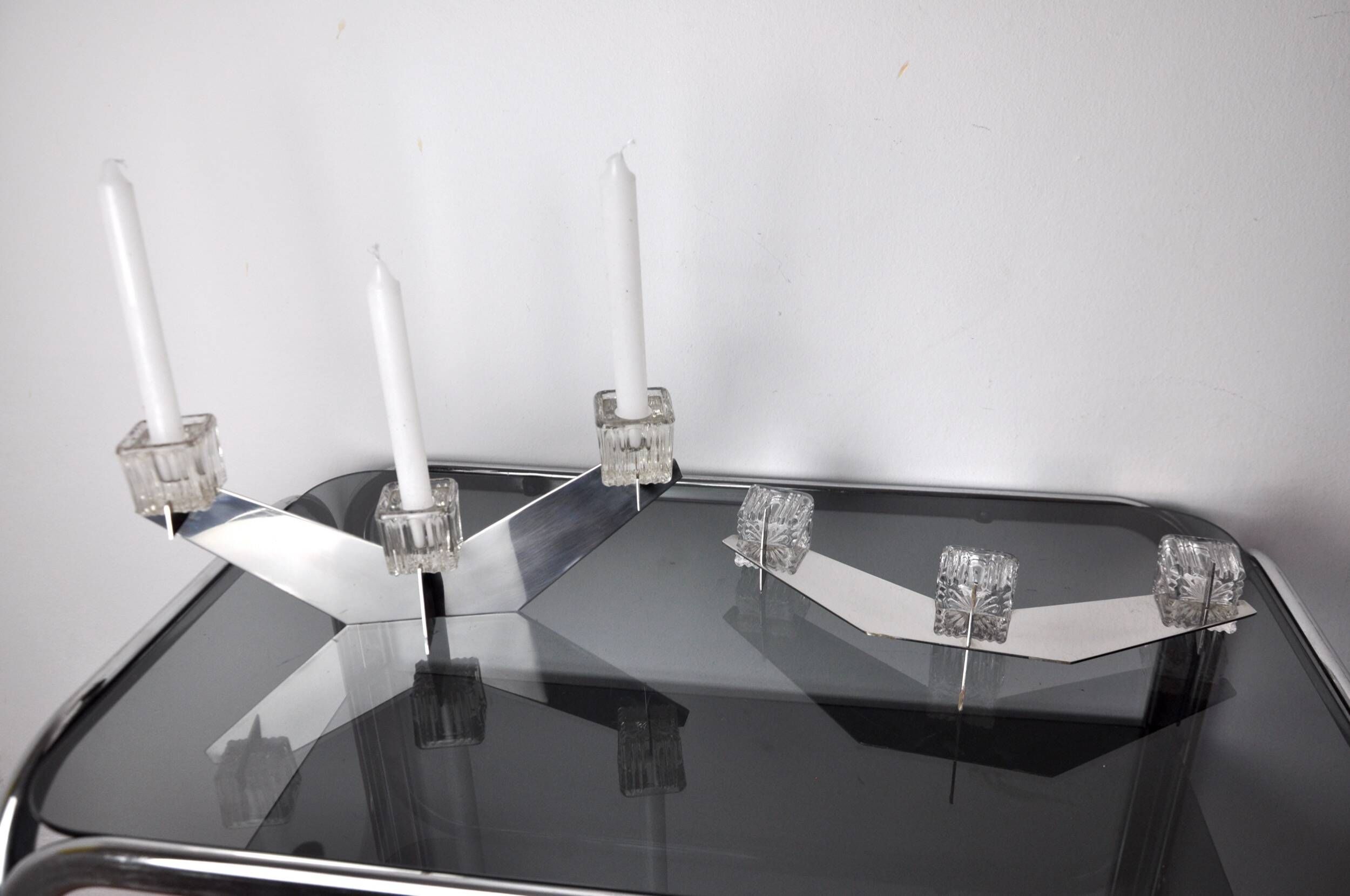 Pair of Peill & Putzler candlesticks, glass and metal, Germany, 1970