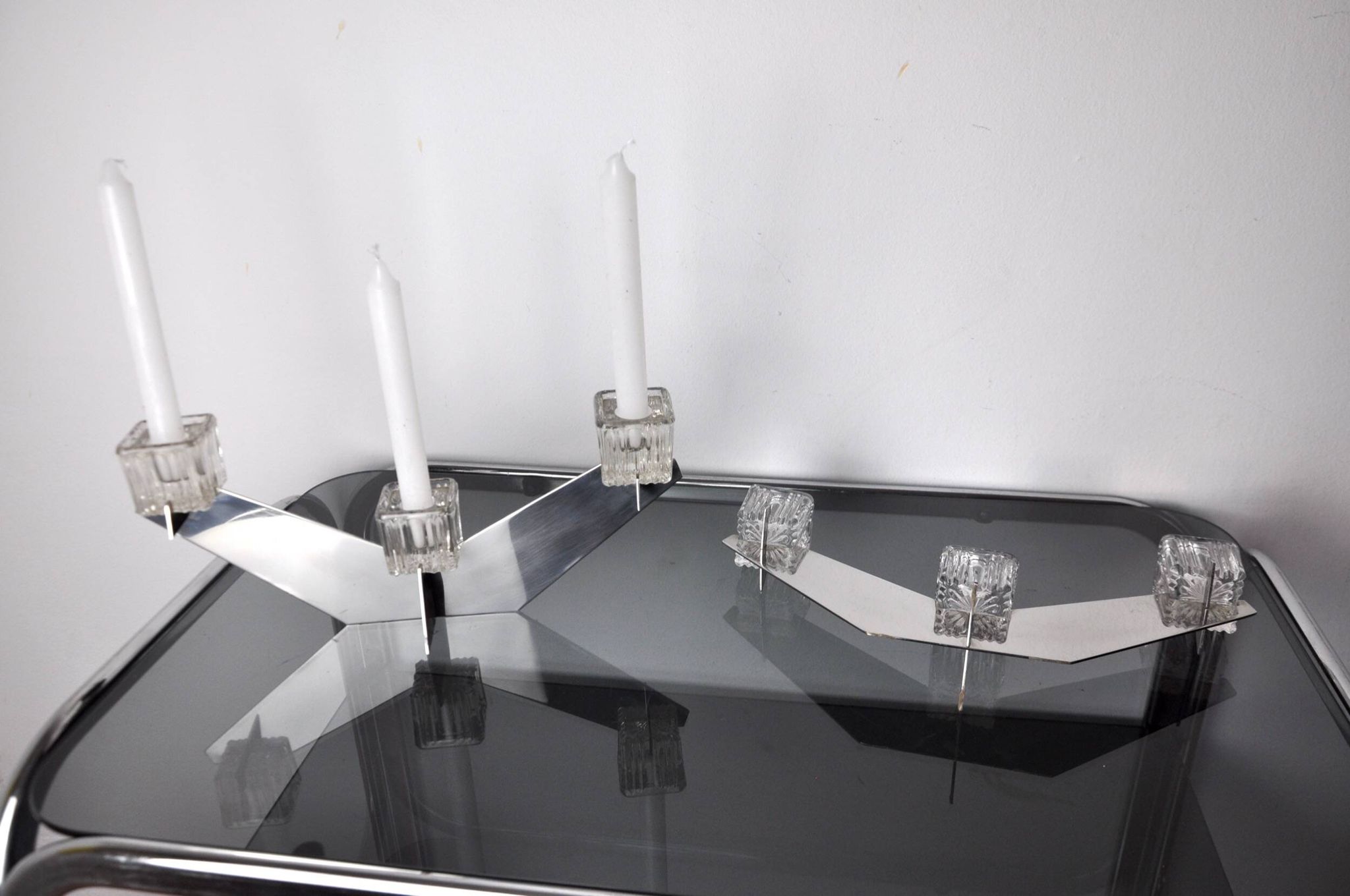 Pair of Peill & Putzler candlesticks, glass and metal, Germany, 1970