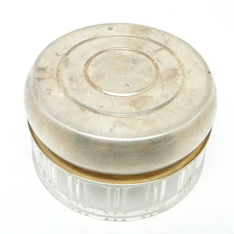 Mid-century modern sugar bowl, glass, silver-plated brass, Poland, 1960s