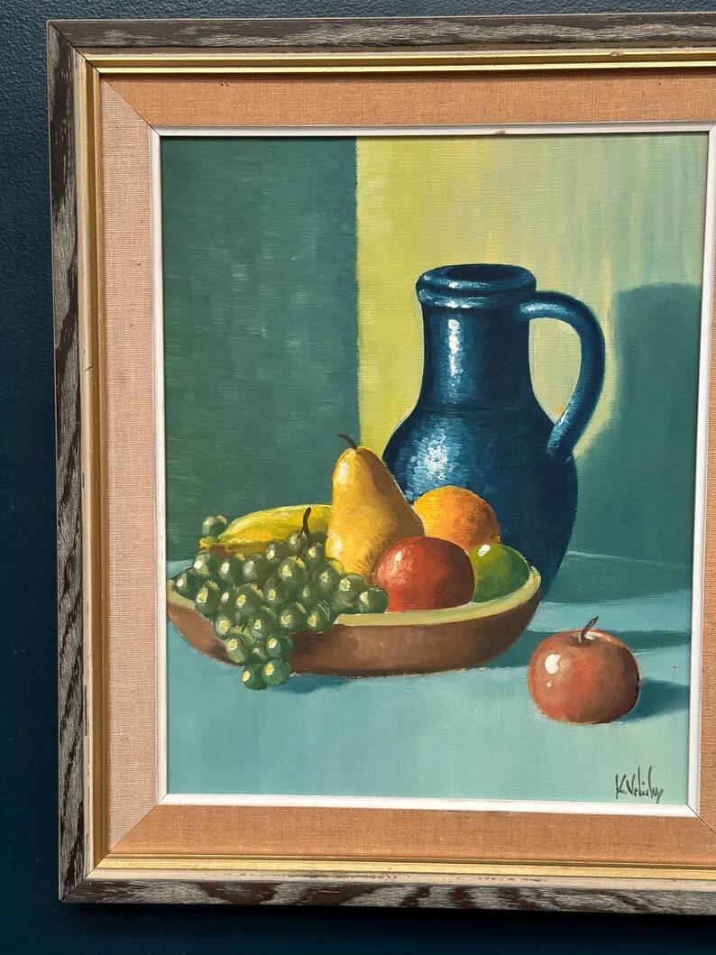 Original Swedish Oil on Canvas – 'Still Life with Fruits and Jug', Unknown Artist – Signed – Vintage and Framed – 52 × 44 cm (20.4" × 17.3")