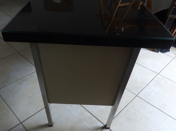 Industrial metal desk from the 70s with three drawers and glass top