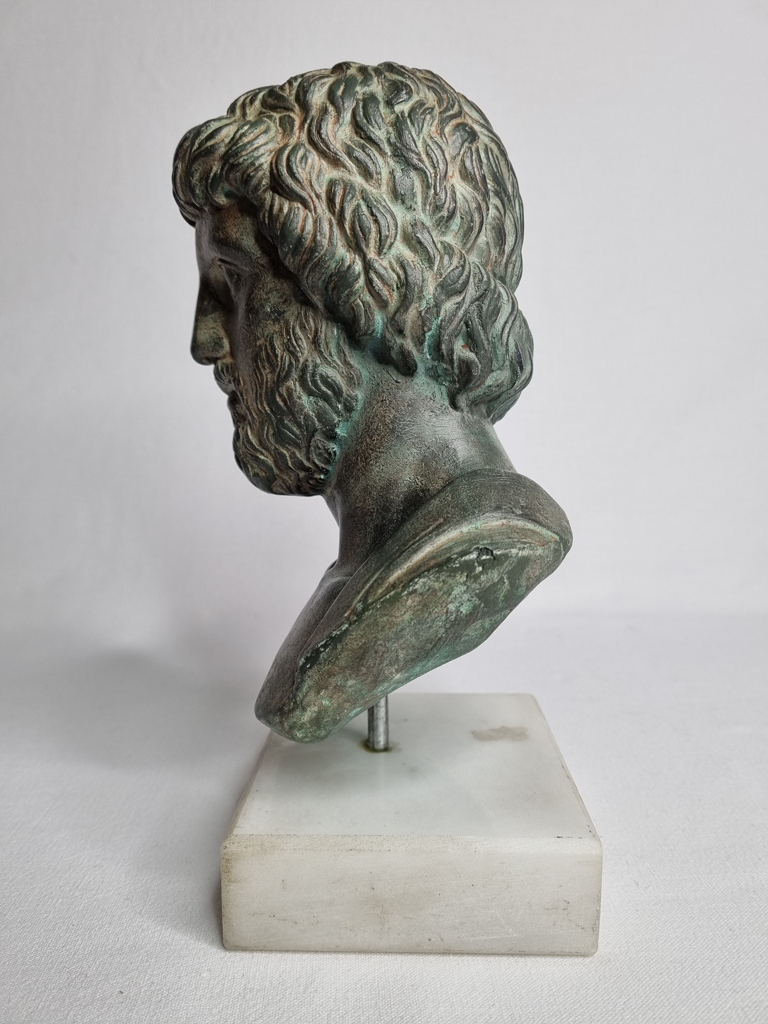 Bust of Esculape in patinated plaster on marble base, 21 cm