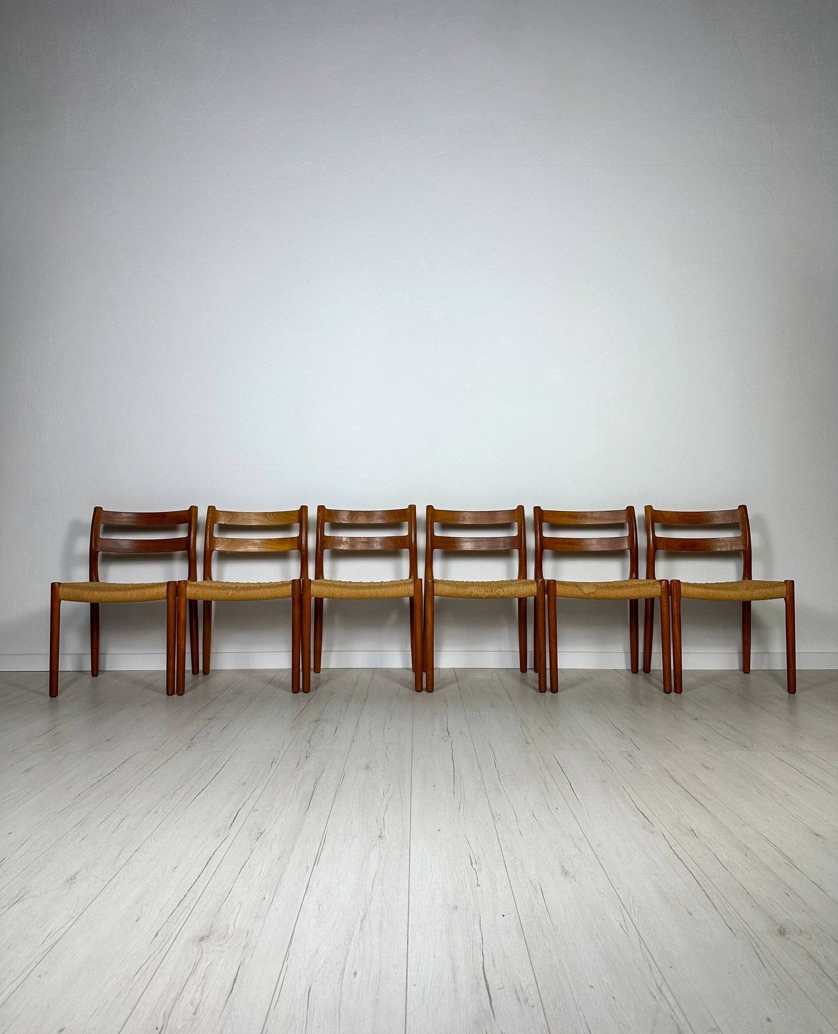 1960s Set of 6 Danish Teak Papercord Dining Chairs Model 84 by Niels Møller