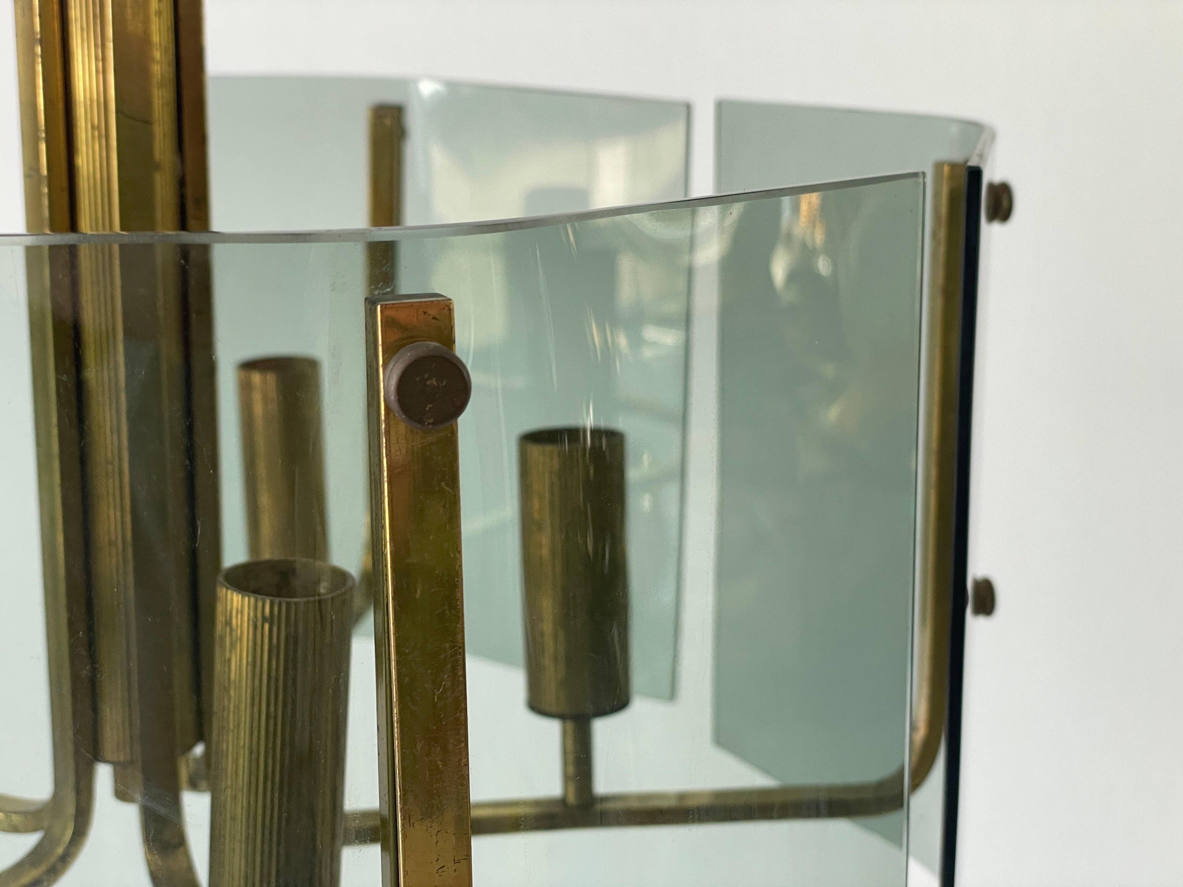 Grey glass chandelier with a brass body, 1960, Italy