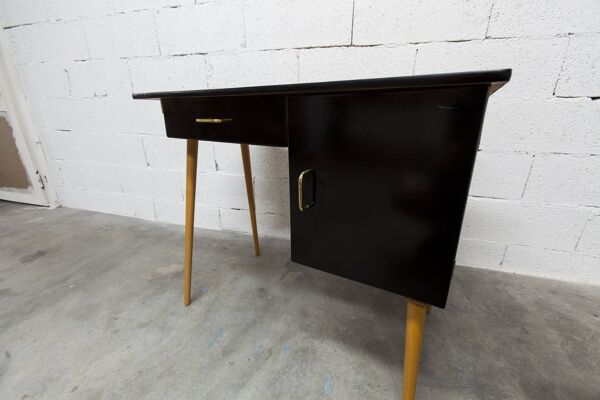 Bureau Baumann et sa chaise assortie 1960 formica bois et noir assise verte