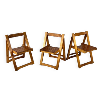Set of 3 Pine Wood Folding Chairs, 1970s