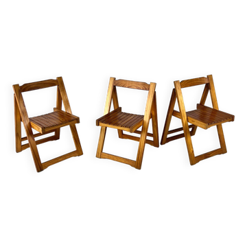 Set of 3 Pine Wood Folding Chairs, 1970s