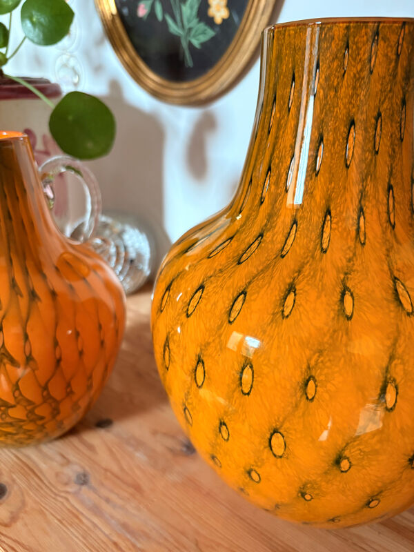 Duo vase & carafe en verre soufflé orange – années 60/70