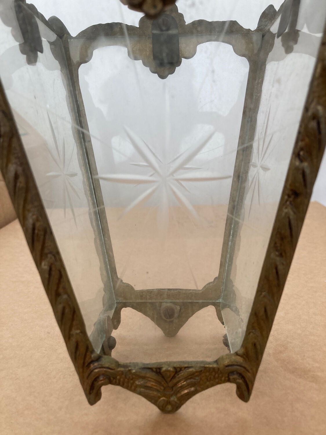 Pair of bronze and glass pendant lamps