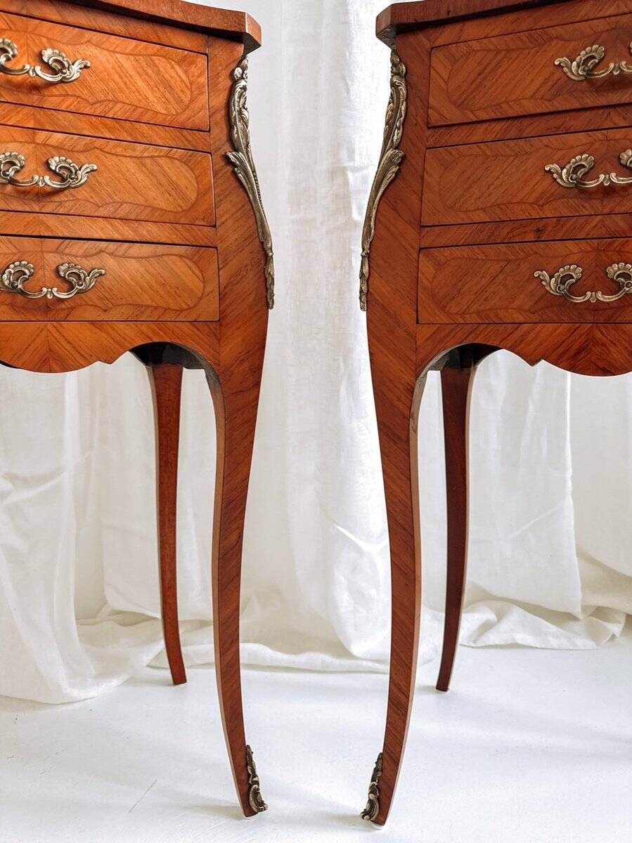 Louis XV French bedside tables with floral marquetry, 1940s, set of 2
