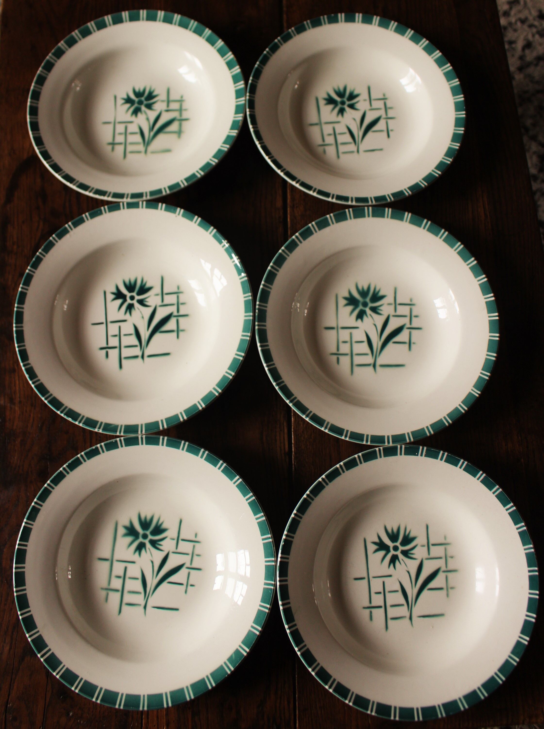 Lot 6 green hollow plates Sylvia Digoin Sarreguemines