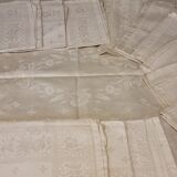 Ancienne nappe lin damassée beige 160 × 180 cm + 12 serviettes
