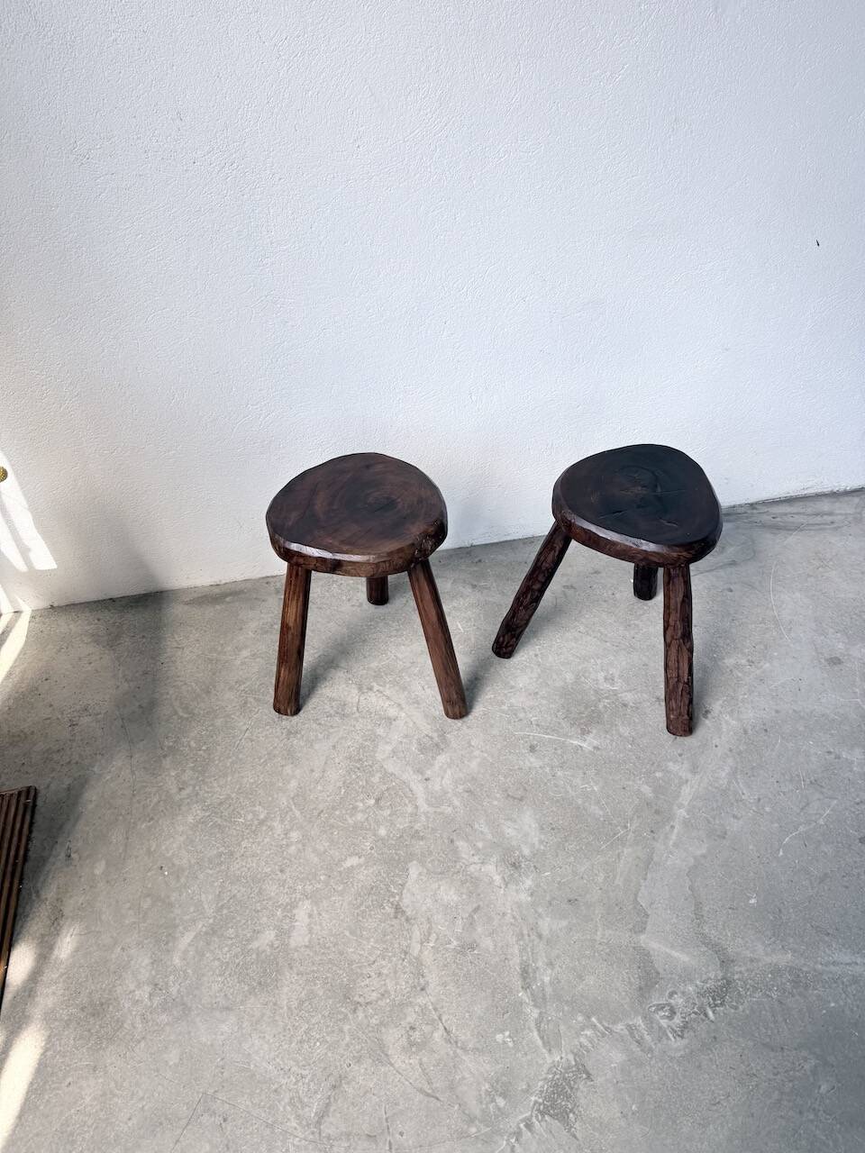 Pair of tripod stools in oak