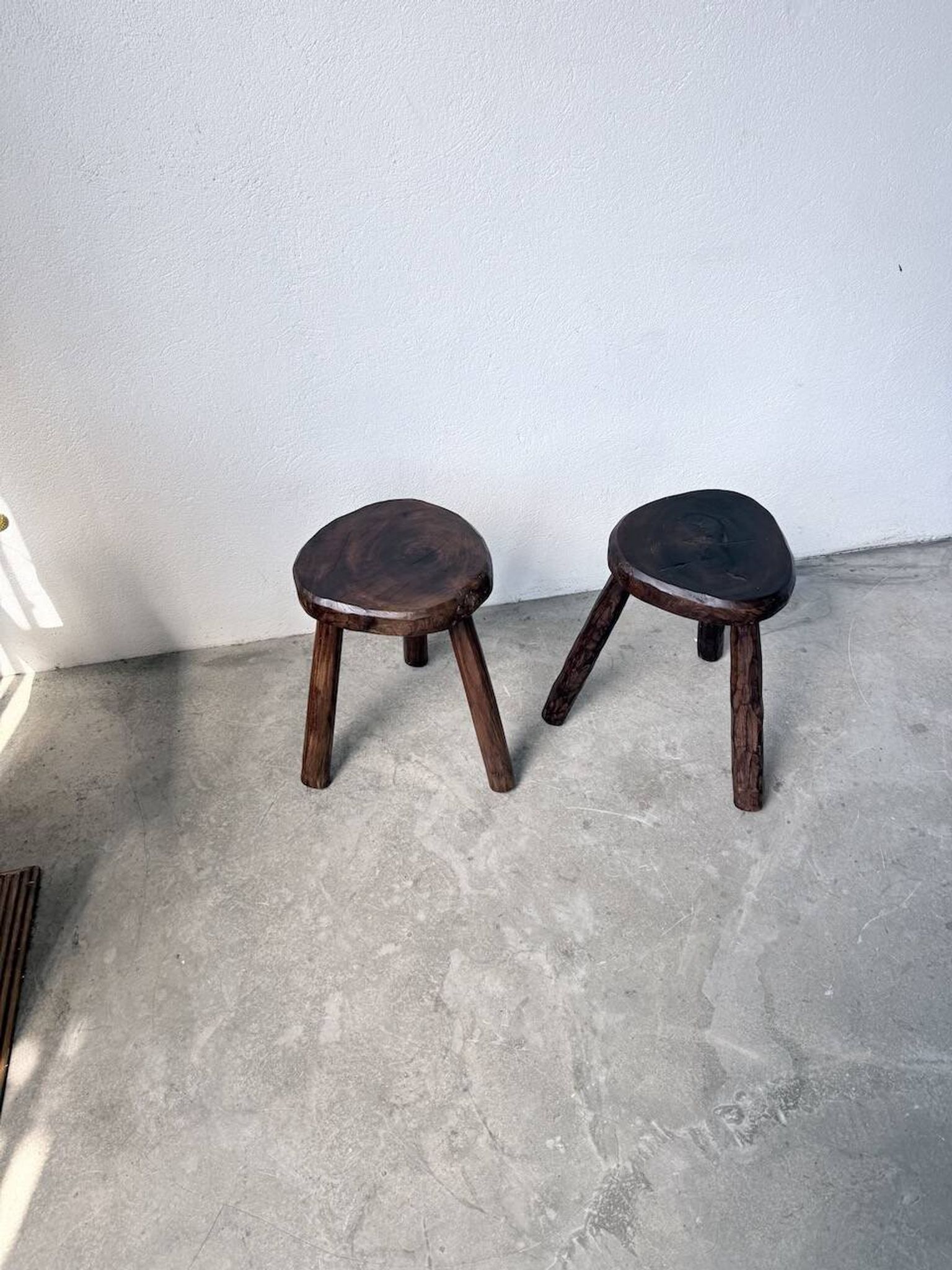 Pair of tripod stools in oak