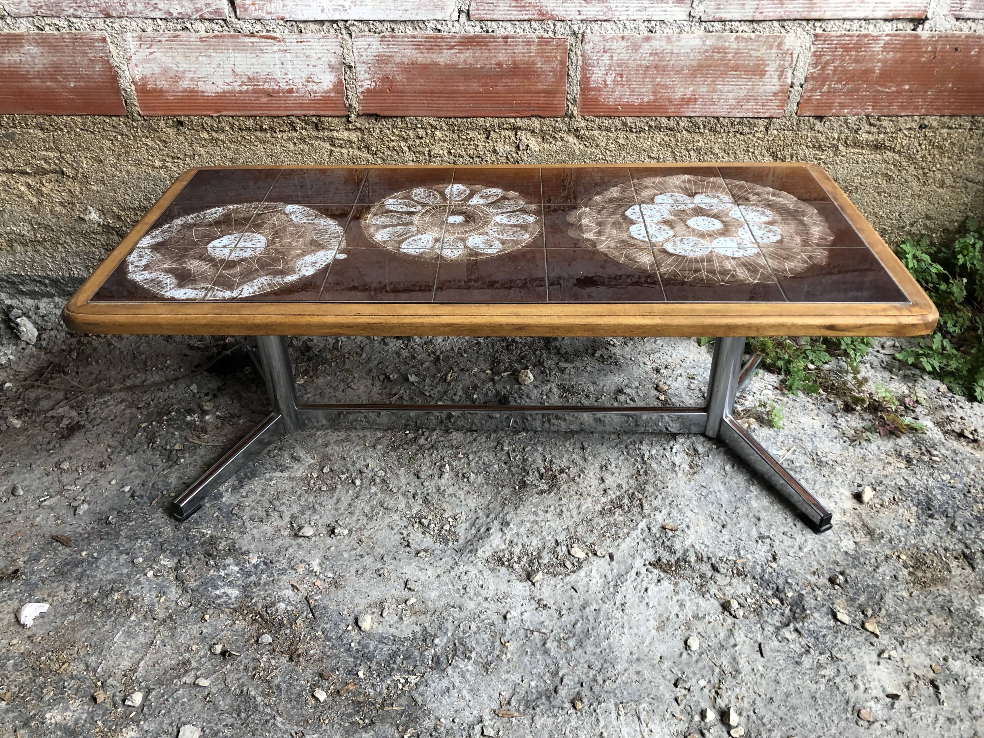 Coffee table with chrome legs and ceramic & wood top, vintage 70s