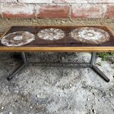 Coffee table with chrome legs and ceramic & wood top, vintage 70s