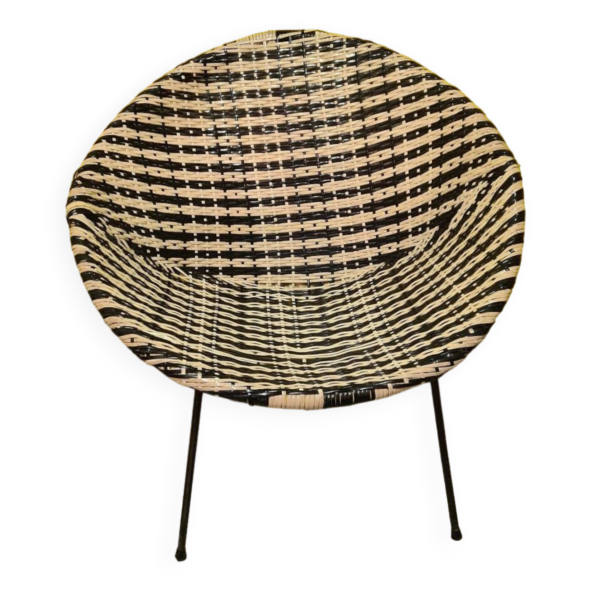 1960s Black and White Woven Round Bucket Chair