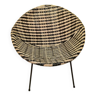Round Black And White Woven Bucket Chair From The 1960s