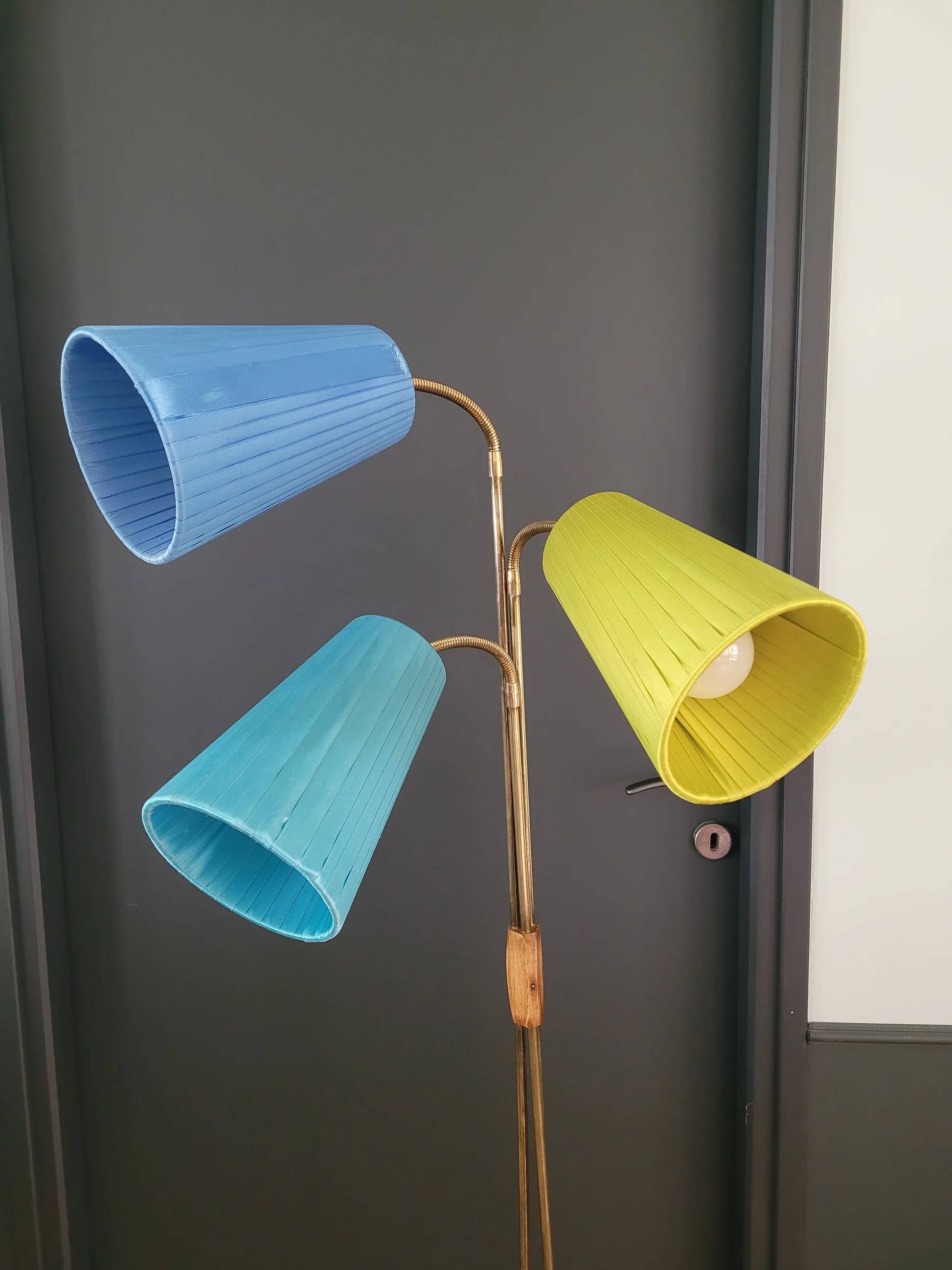 1950s three-light floor lamp with coloured shades