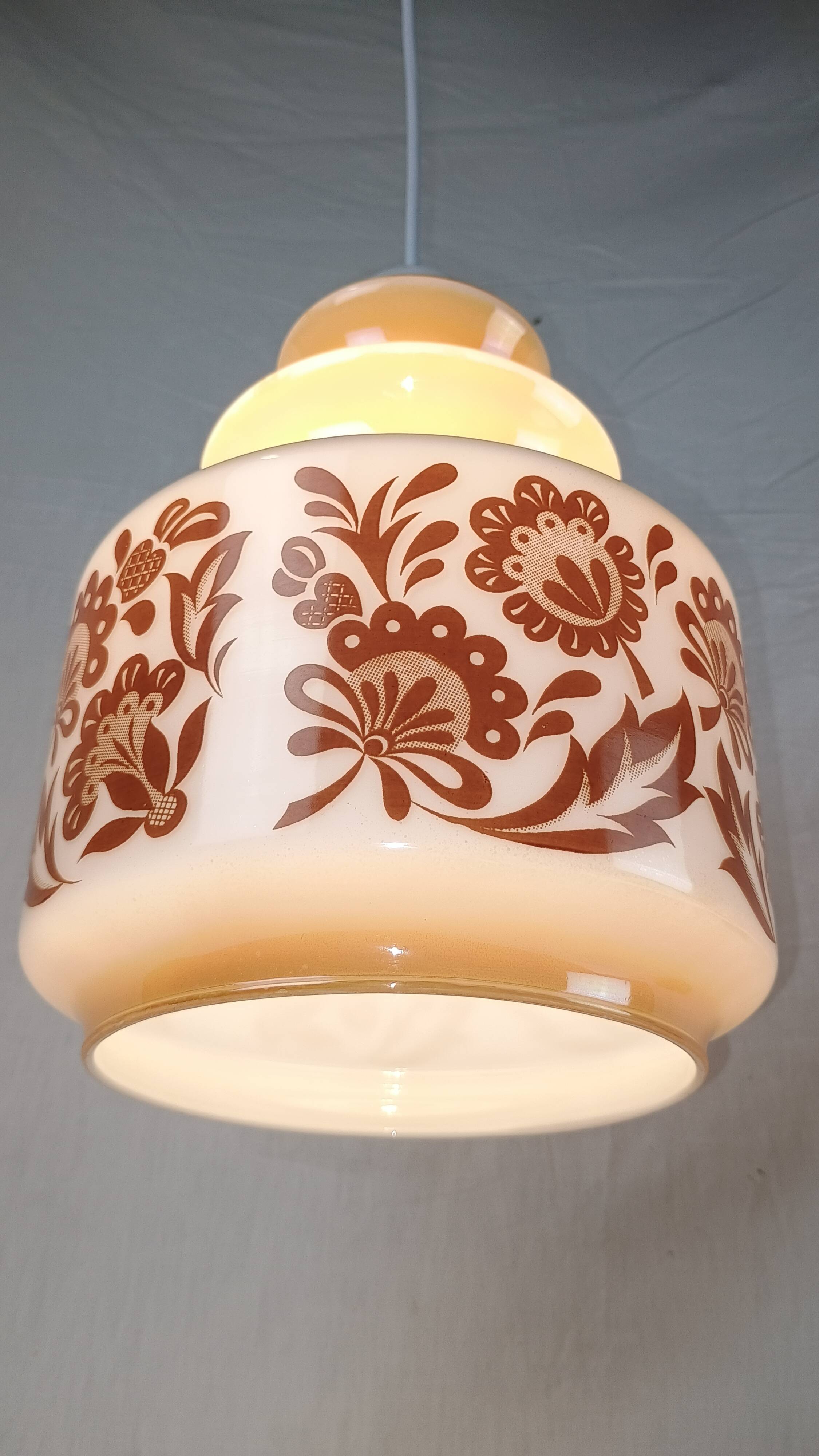 Venini Vintage Murano Glass Pendant Light, White and Brown Floral Design, 1950s