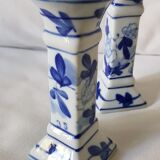 Set of 2 ceramic candle holders in white blue floral pattern