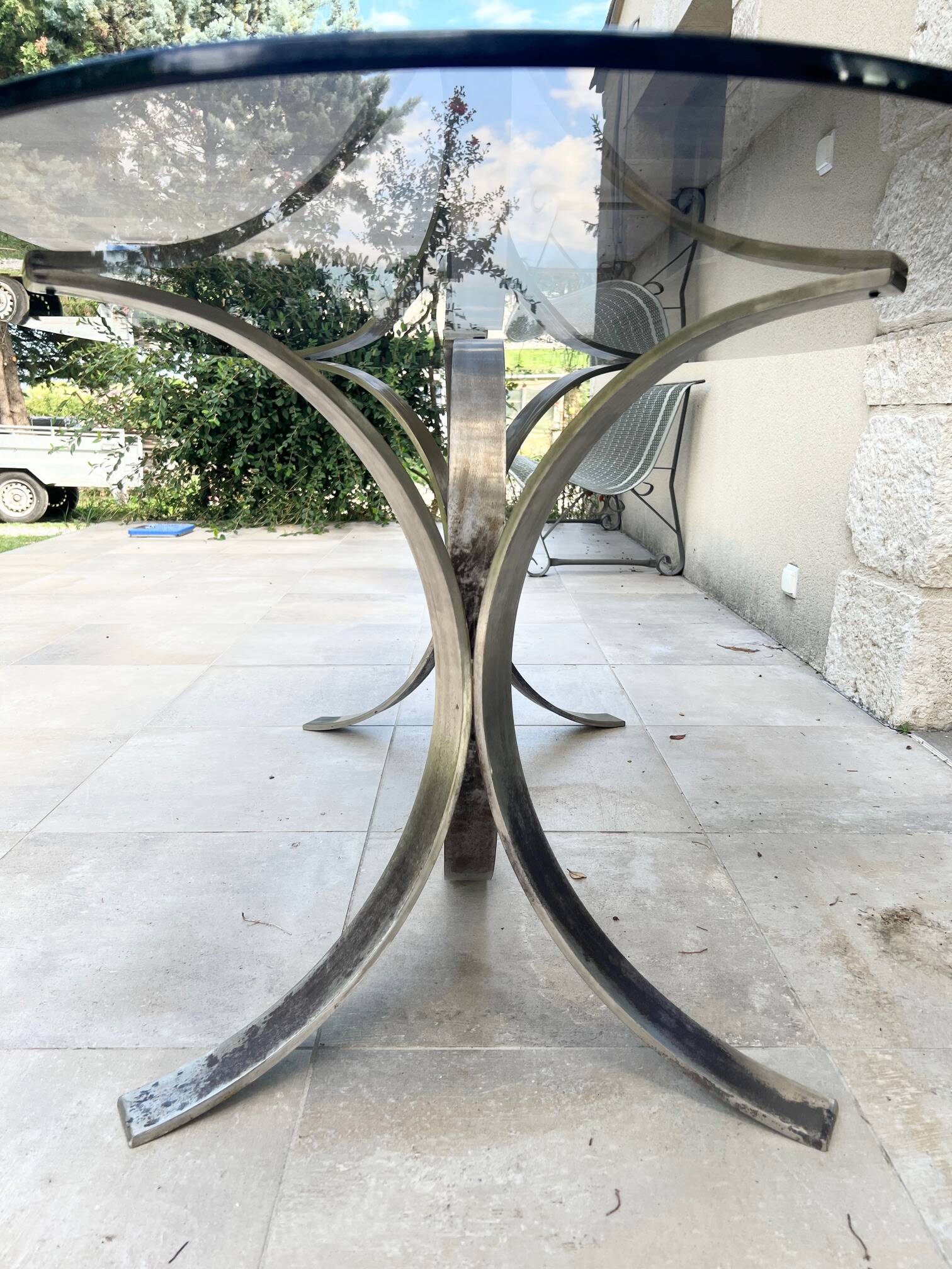 Oval dining table 1960-1970 smoked glass top and chrome base