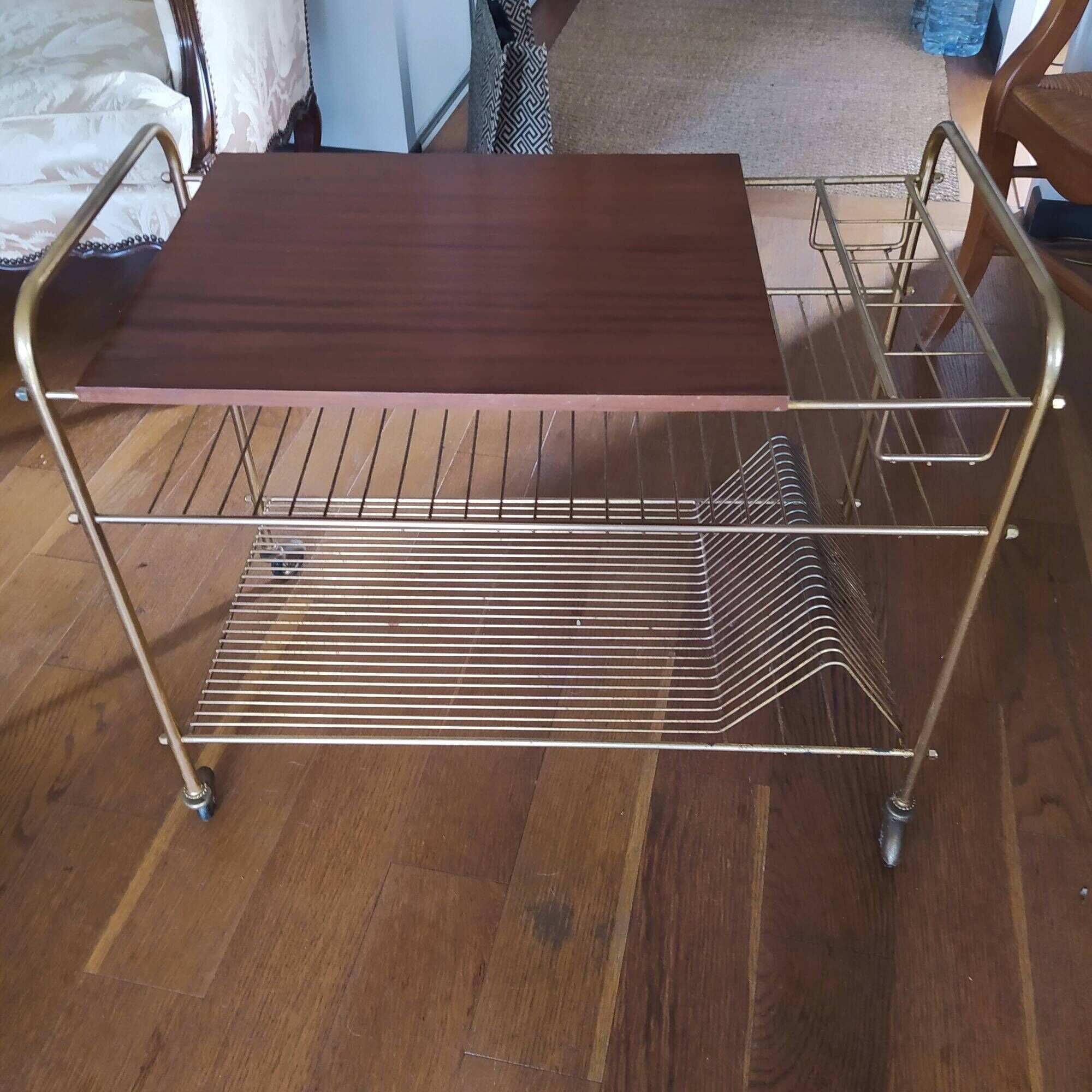 wooden and brass vinyl door trolley from the 1960s/1970s